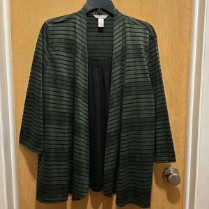 Green and black striped shirt with attached cardigan.